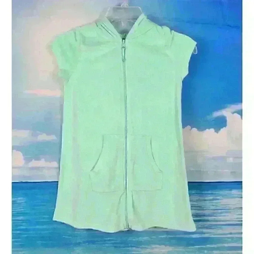 WONDER NATION Girls MINT GREEN Beach Cover Robe HOODIE Pockets Short Sleeve Med - Picture 2 of 6